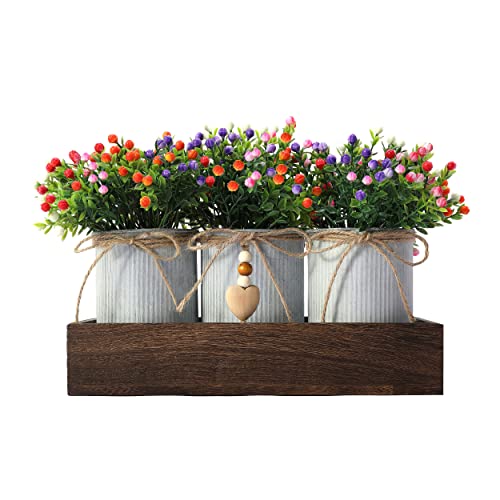 CALAVAK Decorative Centerpiece Wooden Tray with 3 Metal Potted Artificial Milan Flowers Rustic Country Farmhouse Décor for Dining Room, Living Room and Kitchen Table - style: Milan Flowers