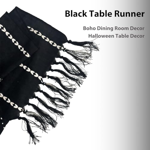 Niviy Halloween Black Table Runner 48 Inches Long, Fall Black Embroidered Striped Braided Boho Table Runner for Holiday Home Party Indoor Outdoor 12 x 48 Inch - color: Black, size: 12 x 48 Inches