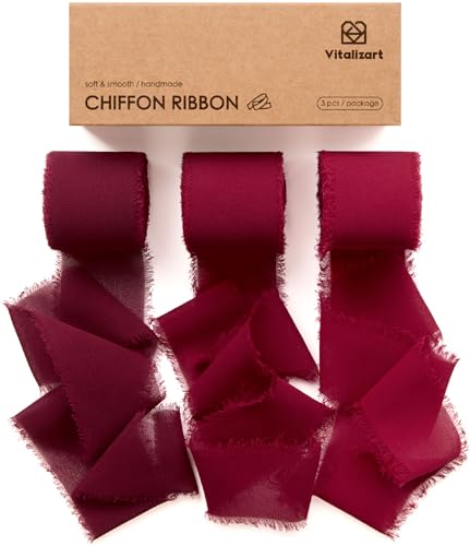 Vitalizart Red Handmade Chiffon Silk Ribbon Fringe 1.5" x 21 Yd Burgundy Frayed Edges Ribbons for Wedding Invitations Bridal Bouquets Gifts Wrapping Crafts Holiday Party Decorations - color: Burgundy & Red