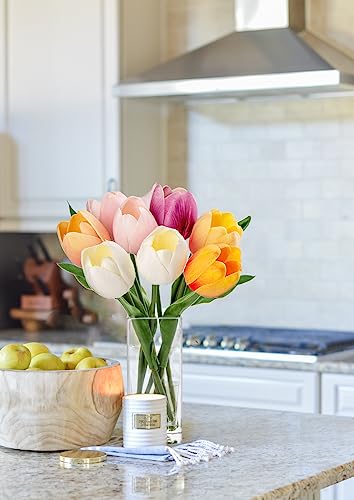 Briful Fake Flowers Artificial Tulip Flower in Clear Vase, Multi Color Real Touch Foam Tulip Arrangement Suitable for Home Office Decoration, Dining Table Centerpiece - color: Multi-colors