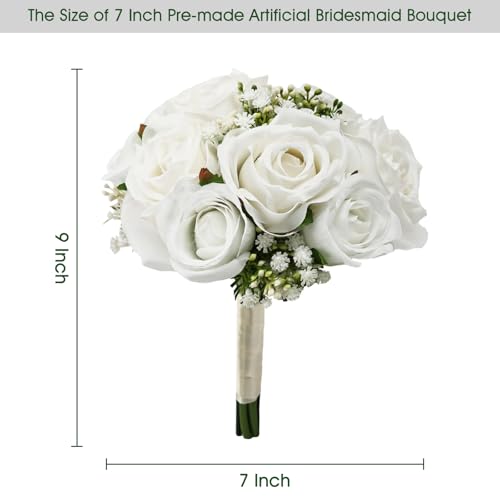Wedding Bridesmaid Bouquets Set of 4, Artificial Silk Flowers Arrangement for Ceremony Marriage Proposal Party Anniversary Decorations - White - color: White, size: Set of 4 Bouquets