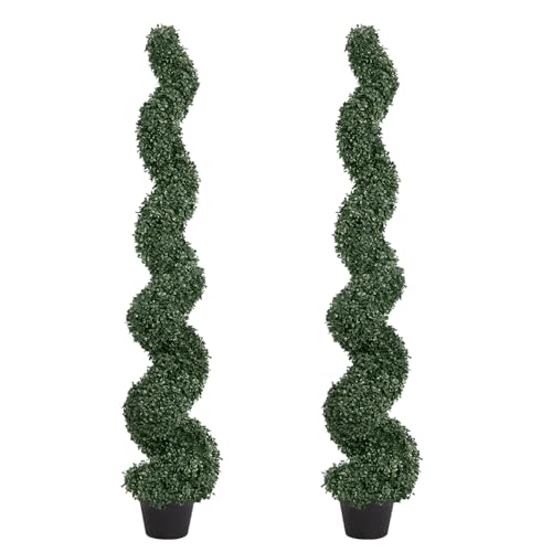 5ft Artificial Spiral Topiary Trees Outdoor Set of 2 – Faux Boxwood Bushes Shrubs, Fake Potted Plants for Front Porch Planter Indoor Outside Decor, UV Resistant 5 Foot - color: Dark Green, size: 5ft