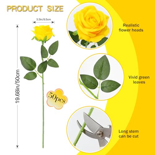 50PCS Artificial Silk Roses in Bulk & Bouquet Long Stem – Realistic Fake Roses for Wedding Centerpieces, Home Decor, Floral Arrangements, Party Decoration (Yellow) - color: Yellow, size: 50 Pcs