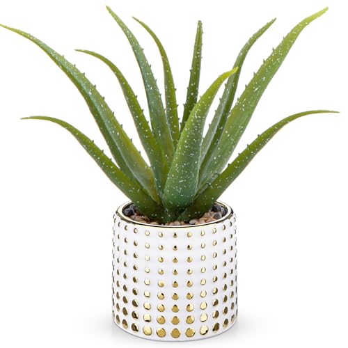 GnFlus Artificial Succulent Aloe Plants 14.2 Inch Large Faux Succulents with Ceramic Pot Fake Aloe Potted Plant for Home Indoor Bathroom Table Bedroom Shelf Office Decor - color: Gold-15"