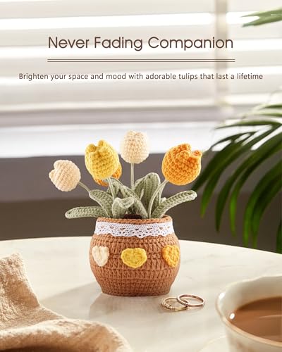 Thank You Gifts for Teachers Crochet Tulips Flower Pot - Handmade Large Crochet Flowers for Women, Graduation End of Year Appreciation Gifts, Positive Tulip Flower Gift for Boss Manager, Yellow - color: Yellow