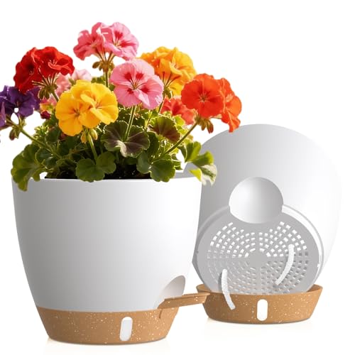 Self Watering Pots with Drainage Holes, 2 Pack 8 Inch Plant Pots with Water Level Indicator Deep Reservoir, Large Plastic Planter for Indoor Outdoor Plants - White Brown - color: White Brown, size: 8 Inch 2 Pack