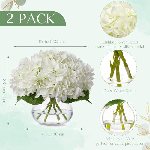 Zeyune 2 Pack Hydrangea Artificial Flowers with Vase Faux Hydrangea Flowers Fake White Silk Hydrangeas with Faux Water for Home Table Centerpieces Wedding Baby Shower Birthday Party Decoration - color: White, style: Hydrangea