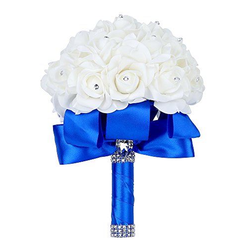 Wedding Bouquet, Handmade Blue Bridesmaid Bouquet Bridal Bouquet with Crystals Soft Ribbons, Artificial Rose Flowers for Wedding, Party and Church (Royal Blue) - color: Royal Blue