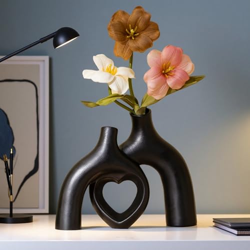Liotww Hug Donut Ceramic Decorative Vase Set, Snuggle Hollow Modern Nordic Boho Style Vases for Home Decor Living Room Shelf Bookshelf Mantle Entryway Table Console Décor (Matte Black) - color: Heart - Matte Black