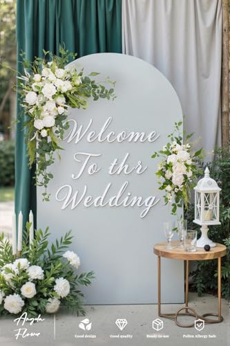 Deluxe Wedding Arch Flowers with Drapes Kit Pack of 4, 2pcs White Green Mint Leaves Hanging Silk Flowers Arrangement 2pcs Chiffon Drapes for Ceremony Arbor Party Outdoor Decor - color: White Greenery