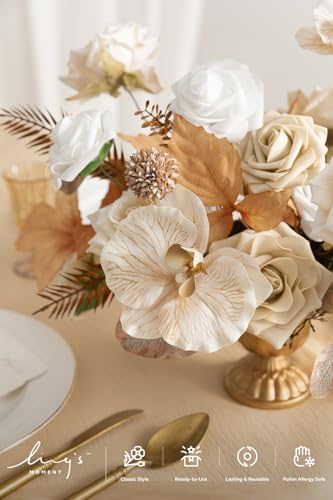 Ling's moment Artificial Flowers Fake Silk Orchid Faux Foam Roses Combo for DIY Wedding Bouquets Centerpieces Arrangements Bridal Shower Party Home Decorations, Tawny Beige & Sand Beige, 21pcs - color: Beg-tawny Beige & White