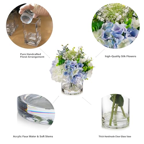 ENOVA FLORAL Artificial Hydrangea Flowers in Vase, Mixed White and Blue Silk Hydrangea in Vase with Faux Water for Dining Table Centerpieces, Home Decor Indoor (FL-159-BlueCream) - color: Fl-159-bluecream