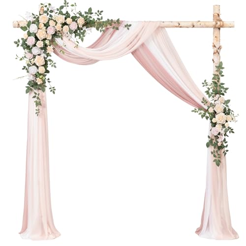 Ling's moment Wedding Arch Flowers with Drapes Kit-Pack of 5, 2pcs Flower Arrangements 3pcs Sheer Hanging Drapes White Ceremony Arbor Backdrop Artificial Rose Floral Decorations, Blush Cream - color: Pk-blush Cream