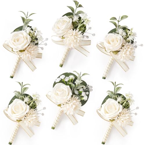 Serwalin 6 Pcs White Boutonniere for Men, Groom Groomsmen Best Man Guest Boutonnieres，Artificial Flowers Silk Rose for Wedding Prom Ceremony Anniversary Party Homecoming - color: A White, size: Boutonniere 6pcs