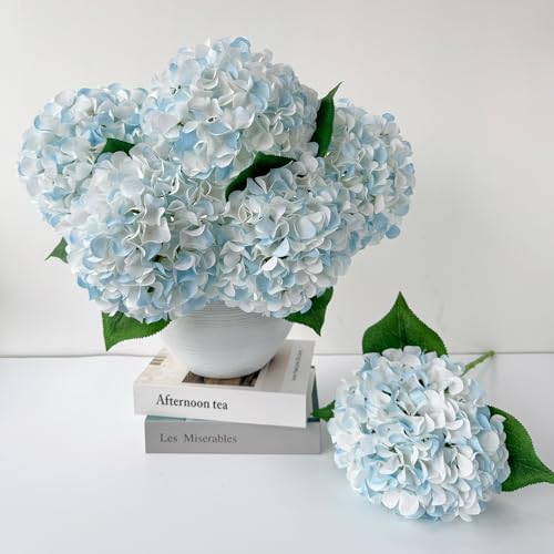 ZYTUYO 5 Pcs White & Light Blue Silk Hydrangeas Artificial Flower Boho Dried Touch 20'' Faux Hydrangeas for Indoor Home Decor Kitchen Living Room Outdoor Porch Wedding Flower Arrangement - color: White & Light Blue