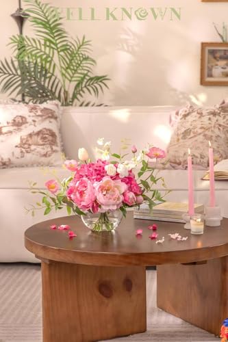 Artificial Flowers in Vase, WELL KNOWN Silk Hydrangea Bouquet and Peonies Artificial Flowers Table Centerpieces with Faux Water for Home Decor Fake Tulips Flower Arrangements for Table Decor (Fuchsia) - color: Mix Peony-fuchsia