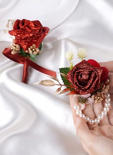 Red Rose Boutonniere and Corsage Set - 2 Pcs Artificial Flowers Corsage Wristlet and Boutonniere Kit for Wedding Prom Party, Anniversary Ceremony - color: Red