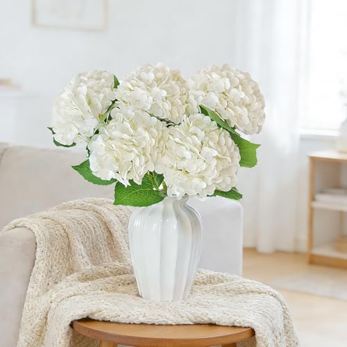 6 Pcs Real Touch White Hydrangea Artificial Flowers with Stems, Fake Silk Flowers for Outdoors, Artificial Flowers for Home Decor Wedding Bouquets Centerpieces Vase - color: White, size: 6 Pcs