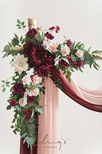 Ling's moment Red Pink Blush Artificial Wedding Arch Flowers Kit Pack of 4, 2pcs Hanging Flower Arrangement 2pcs Chiffon Drapes Ceremony Reception Fake Rose Arbor Backdrop Floral Party Outdoor Decor - color: Red-marsala & Blush 01