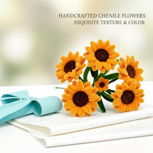 2Pcs Valentines Day Gifts Handmade Sunflower Bouquet with Blue Bow Box – 2 Finished Pipe Cleaner Sunflowers, Ready-to-Gift Artificial Flowers for Weddings, Parties, Birthdays, Home Decor - color: Sunflower