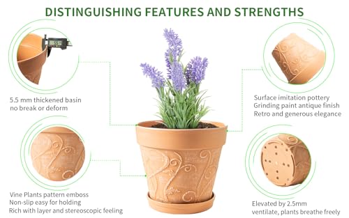 Melphoe Plant Pots Indoor with Drainage & Saucer, 2Pack 10 inch Flower Pots Outdoor Planters for Indoor Plants Garden Home Decor Cactus Succulent, Rigid Plastic (Imitation-Terracotta) Vine-Embossed - color: Terracotta Color, size: 10''