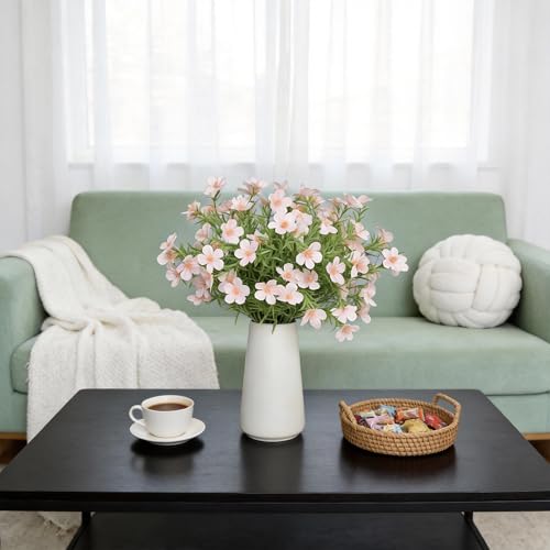 Artificial Pink Gypsophila Baby's Breath Flowers in Ceramic Vase, 6 Inch White Vase with Faux Cosmos Arrangement, Farmhouse Table Centerpiece for Home Office Shelf Desk Decor - color: Pink