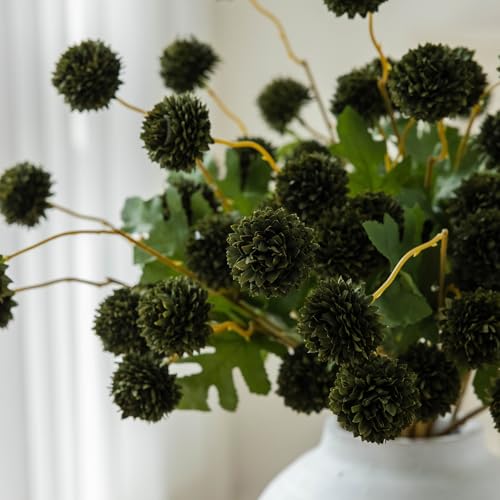 Mizii 6Pcs Green Fake Silk Pompon Mum Artificial Flowers Bulk Small Faux Chrysanthemums with Stems Realistic Floral Decorations for Wedding DIY Bouquet Centerpieces Shower Vase Home Decor (Dark Green) - color: Dark Green