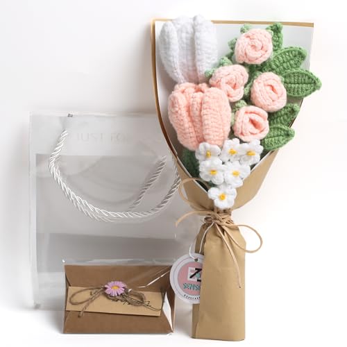 Crochet Flower Bouquet, Handmade Knitted Tulip Faux Crochet Flowers for Home Decor Valentine’s Day Anniversary Weddings Birthdays Mother’s Day, Includes Gift Bag and Greeting Card(Mini Pink) - color: Mini Pink