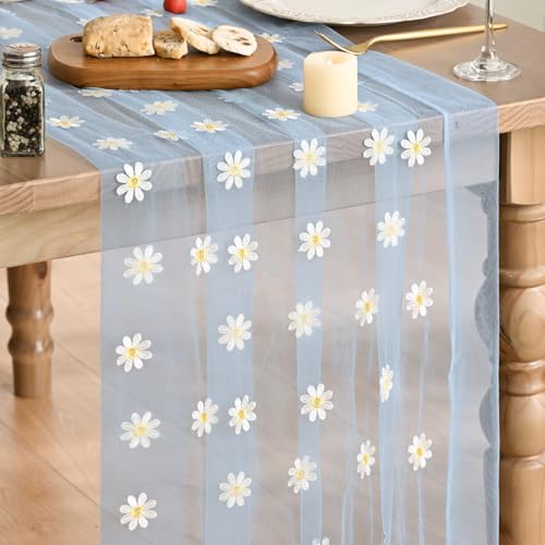 Artoid Mode Sky Blue Daisy Gauze Embroidery Table Runner 120 Inch 10FT, Tulle Seasonal Spring Kitchen Dining Holiday Table Decor for Home Party - color: Sky Blue