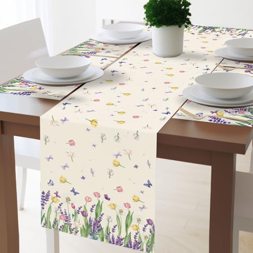 VitalCozy 7 Pcs Spring Table Runner and Placemats Tulip Table Runner Placemats Set 72 x 13 Inch Linen Farmhouse Rustic Floral Lavender Tulip Tablecloth for Spring Summer Party Decoration - style: Lavender, Tulip