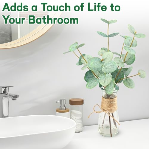 Artificial Eucalyptus Stems in Glass Vase with Faux Water, 15" Realistic Fake Plants for Bathroom Counter Decor, Small Faux Greenery for Coffee Table Centerpieces, Office Desk and Shelf Decor - color: Double-sided Green Eucalyptus