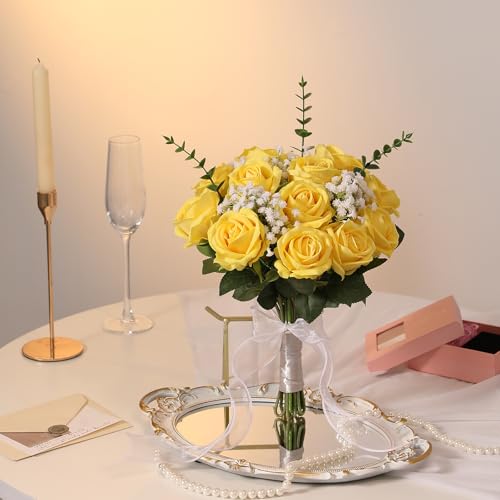 Hawesome 12PCS Artificial Flowers Fake Roses, Realistic Velvet Long Stem Red Roses Bouquet for Wedding Centerpiece Home Decor Party & Valentines (Yellow) - color: Yellow