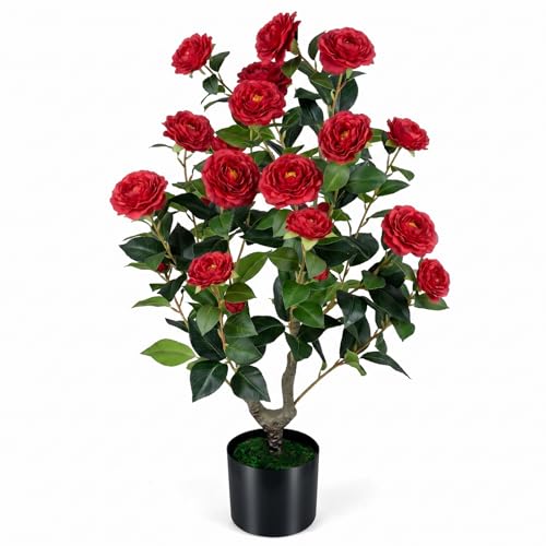 Goplus 35.5’’ Artificial Camellia Tree, Flower Plants Artificial Tree, Faux Floral Plant Blooming Tree in Cement Pot, Greenery Potted Plant for Indoor Outdoor Office Home Porch Decor - color: Red, size: 2ft 11in
