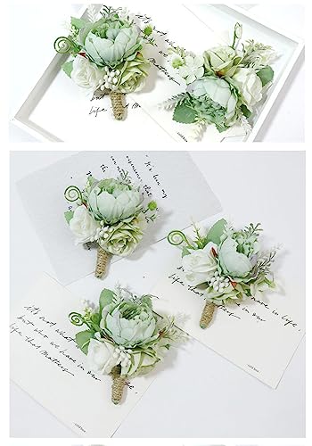 MAFELOE 2 Pieces Artificial Wrist Corsage and Boutonniere Set, Groom Groomsmen Bride Bridesmaids Wedding Flowers Accessories Prom Party Suit Decorations - Light Green - color: Green