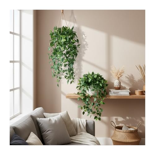 35.5" Artificial Pothos Ivy Plants Set of 2 with Pots, Fake Hanging Greenery Silk Leaves for Home Decor, Realistic Faux Plants for Shelf Tabletop Office, No Maintenance Needed (Light & Dark Green)