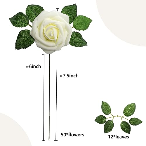 Artificial Flowers Milk White Roses 50PCS Real Looking Foam Fake Roses with Leaves and for DIY Wedding Bouquets Bridal Shower Centerpieces Party Decorations (Ivory) - color: Ivory, size: 50
