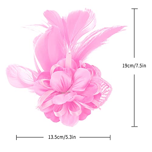 Song Qing Women's Fascinator Feather Flower Pin Brooch Corsage Bridal Hairband Derby Hat Cocktail Party Wedding - color: A6 Pink