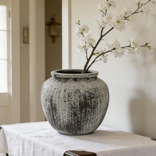 Oakrain Large Rustic Vase, 11" Distressed Round Floor Vase for Home Decor, Farmhouse Centerpieces Planters for Living Room Indoor Outdoor Use, Gray - color: Distressed Gray, size: 11" Dia