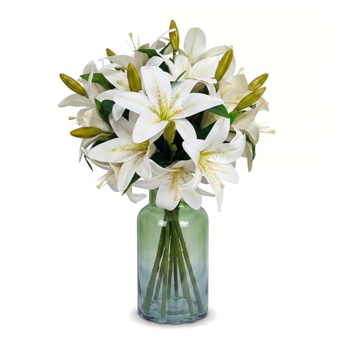 ATFL Artificial Lilies Flowers,9 Pcs Faux Lily Flowers,16''Tiger Lily Branches with 2 Full Blooms and 1 Bud,Faux Fake Lilies Plants for Wedding Bouquet Floral Arrangements (9, Ivory White) - color: Ivory White
