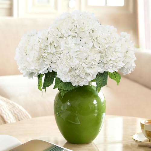LFF 3Pcs White Hydrangea Artificial Flowers, 8.66" Large Real-Touch Latex Blooms with 22" Long Stems, Faux Hydrangea for Outdoor Planter Indoor Home Table Centerpieces Wedding Decor Bouquets - color: White