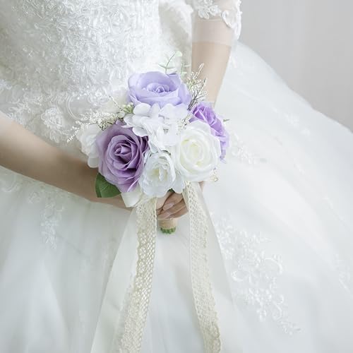 Wedding Bouquets for Bride Bridesmaid, Artificial Lilac Bride Flower Bouquet for Wedding Church Decoration Ceremony, Anniversary, etc, Roses Flowers - color: Lilac & White & Ivory
