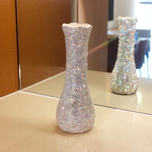 Bling Luxury Diamond-Embedded Vase for Home Decor – Elegant Flower Arrangement Vase, Dry Flower Crystal Decorative Bottle Vase, Desktop Ornament for Living Rooms (Silver) - color: Silver