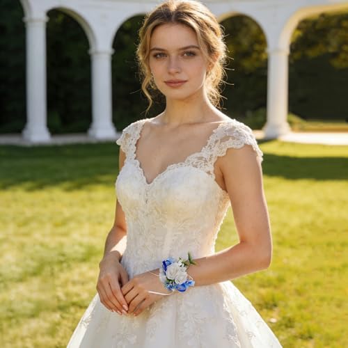 6Pcs White and Blue Artificial Rose Wrist Corsages for Wedding Prom | Faux White Roses Accented with Blue Details, Perfect for Prom, Weddings, Bridesmaids, Anniversary Formal Party and Homecoming - color: Blue1# Wrist Corsage (6 Piece)