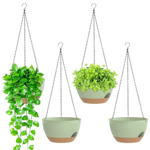 8 Inch Hanging Planters for Indoor Outdoor Plants, 4 Pack Green Brown Plastic Self Watering Hanging Baskets with Drainage Holes and Chain for Garden Porch - color: Green Brown