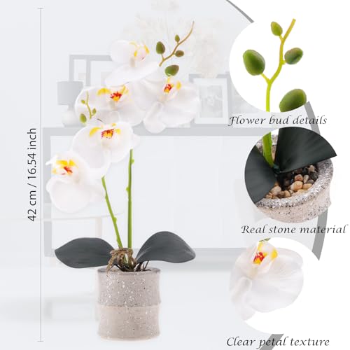 16.5 Inch White Artificial Orchid Flowers in Pot - Lifelike Phalaenopsis Potted Plant for Home Decor - Maintenance-Free Faux Flower for Bathroom, Office, Kitchen - Realistic Bonsai Gift - color: White