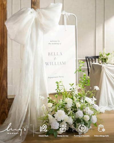 Ling's moment 36" Free-Standing Wedding Aisle Artificial Flowers for Ceremony Decor, 2PCS White Walkway Floral Chair Markers, Faux Rose Altar Arch Arrangement Spring Decorations Outdoor - color: Wht-white & Lily & Olive