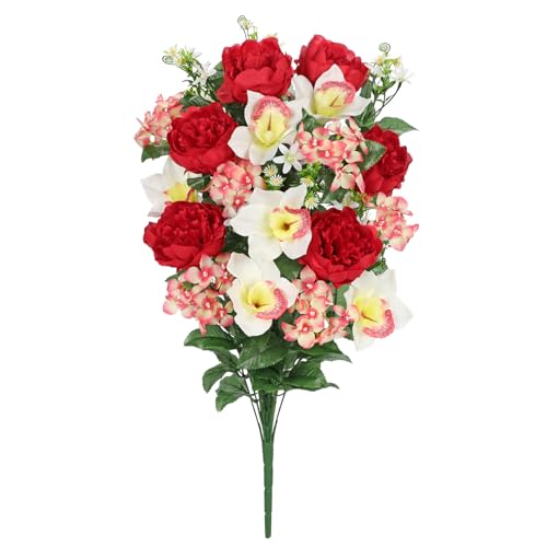 Briful Artificial Flowers for Cemetery, Cemetery Flowers for Grave, Weather Resistant Cemetery Flowers for Vase, Large Sympathy Grave Floral Arrangement with Peonies Lily Silk Flower - color: Red, size: 25.9 in. Cemetery Flowers Bouquet