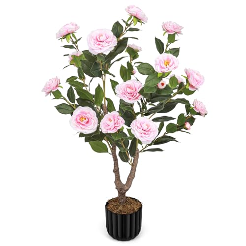 Artificial Camellia Tree for Indoor and Outdoor, Faux Flower Tree Plant in Pot Fake Topiaries for Home Front Porch Decor(1, Pink) - color: Pink