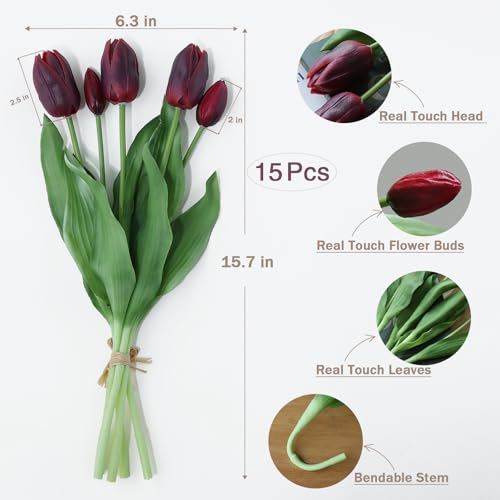 mizii 15Pcs Burgundy Tulips Artificial Flowers Latex Plastic Real Touch Fake Tulips Flowers Look Real Faux Tulip Flower Bouquet Decoration for Vase Room Table Centerpieces Home Decor (Burgundy) - color: Burgundy