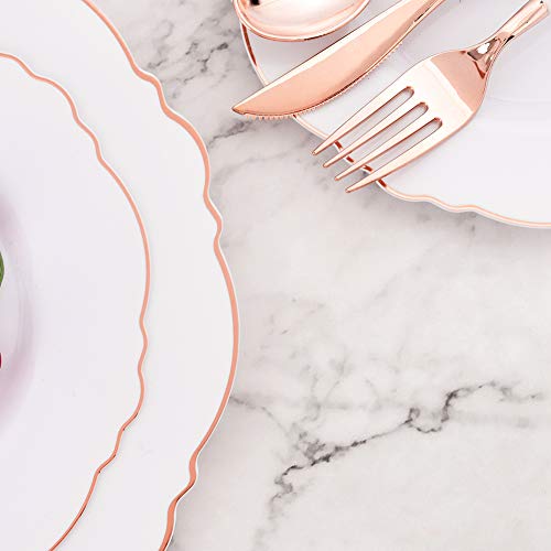 WDF 60pcs Rose Gold Plastic Plates-Baroque White &Rose Gold Disposable Plates including 30Plastic Dinner Plates 10.25inch, 30 Salad Plates 7.5inch for Wedding/Party/Birthday/Mother's Day - color: Rose Gold, size: 60PCS